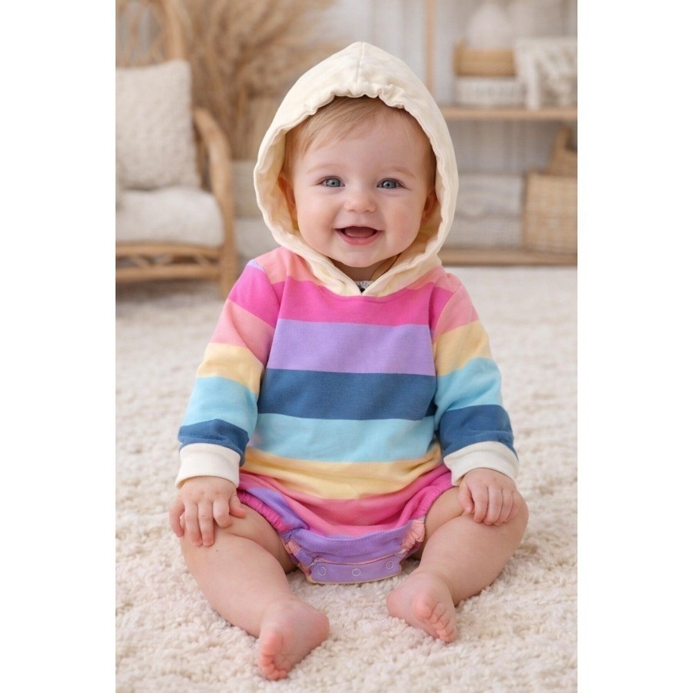 Treetop Tots Rainbow Stripe Hooded Romper Unisex Size 6-12M Pastel Cozy Playful
